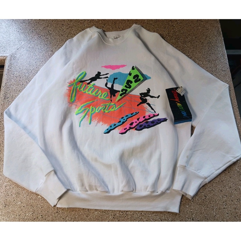 Vintage 80s Fruit Of The Loom Adult Size XL White "Future Sports" Sweatshirt